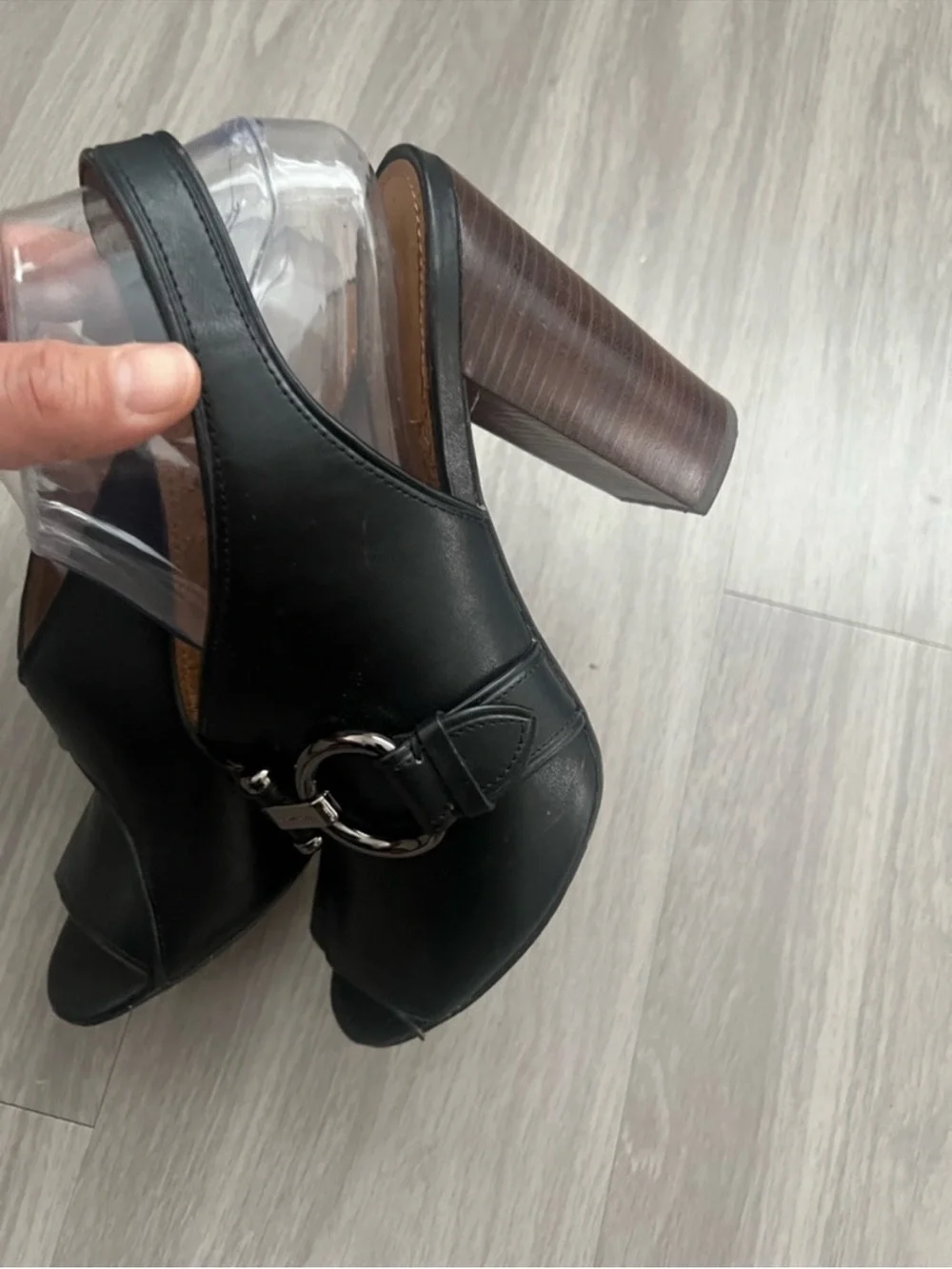 Coach Black Leather Horsebit Peep Toe Block Heel Slingback Sandals Women’s 9.5
